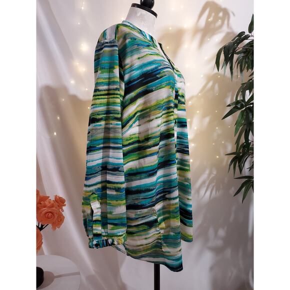 Calvin Klein Abstract Stripe Button Up Split Neck Blouse Womens Plus Size 2X Top - Picture 2 of 9
